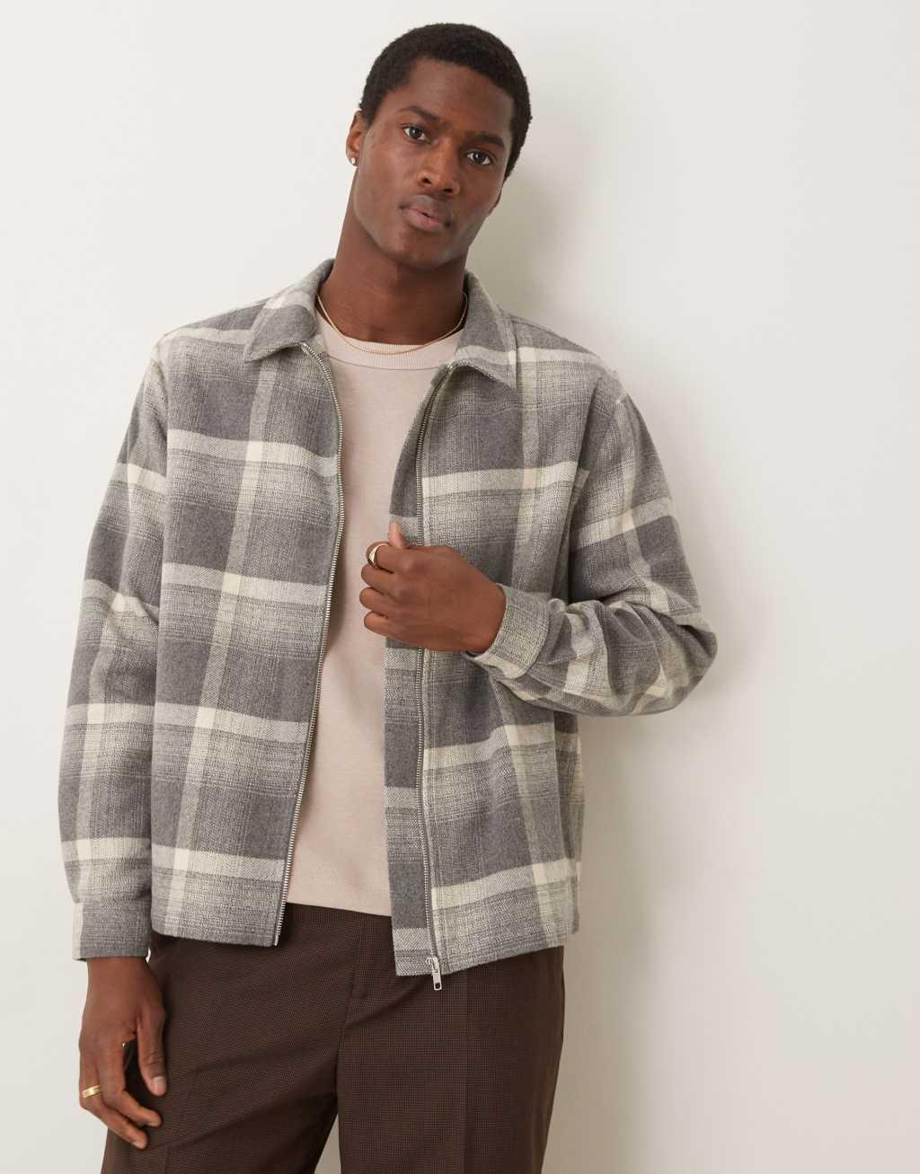 ASOS DESIGN relaxed boxy zip through shacket in gray brushed check Product Image