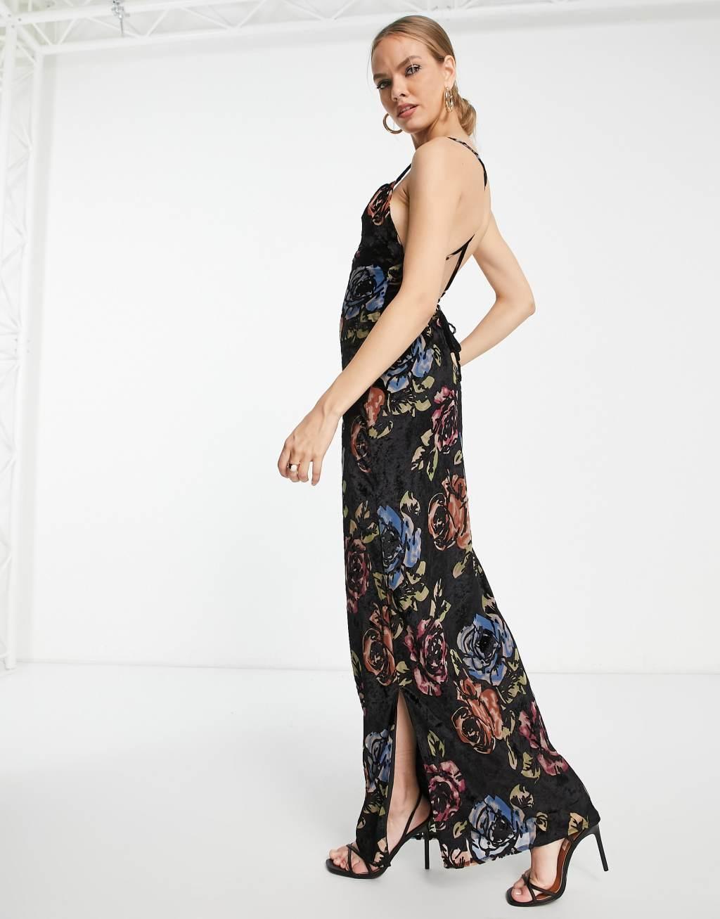 ASOS DESIGN velvet devore slip maxi dress with lace up back Product Image