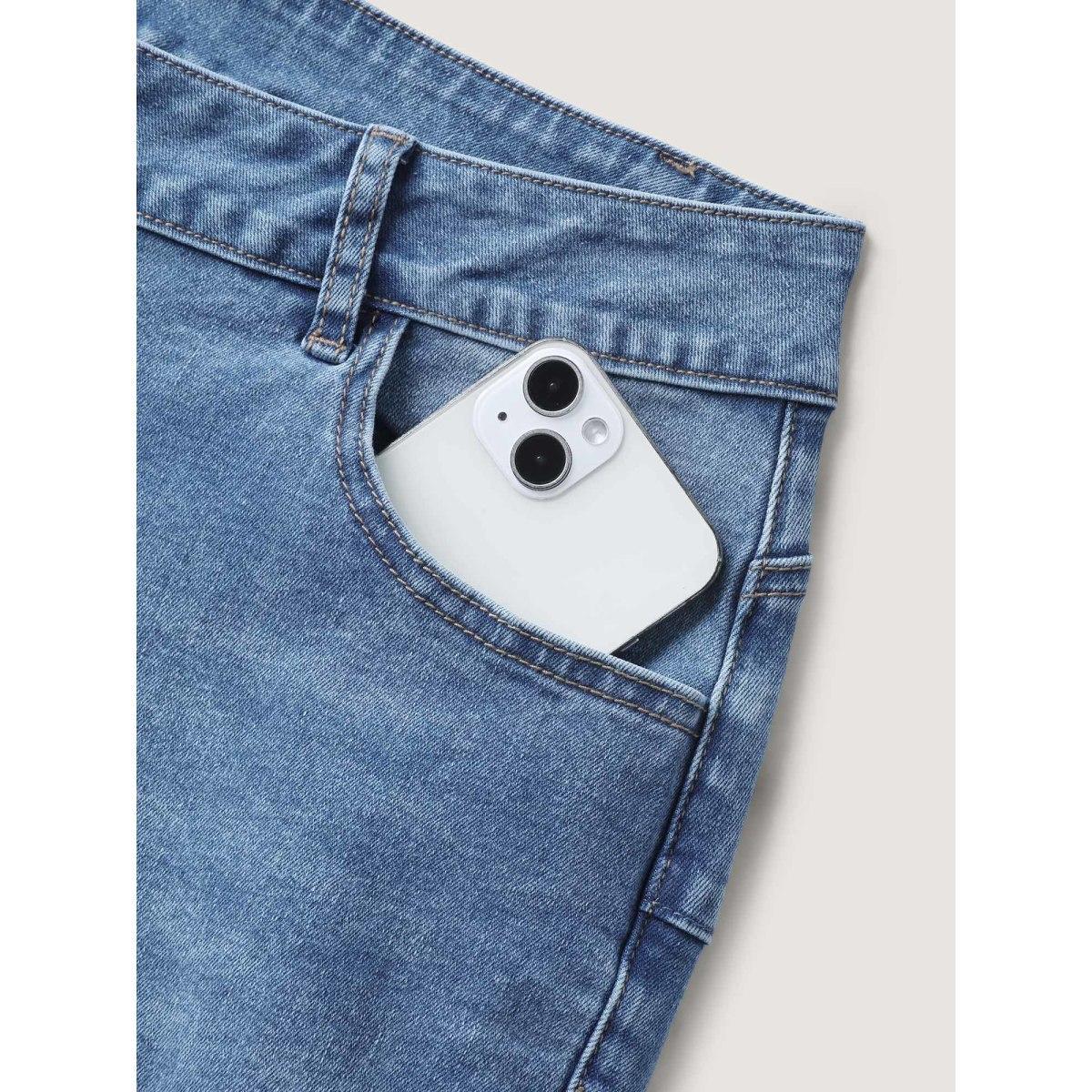 Plus Size Stretchy Ripped Flared Hem Jeans Women Midblue Medium stretch Slanted pocket Jeans BloomChic 26/4X Product Image