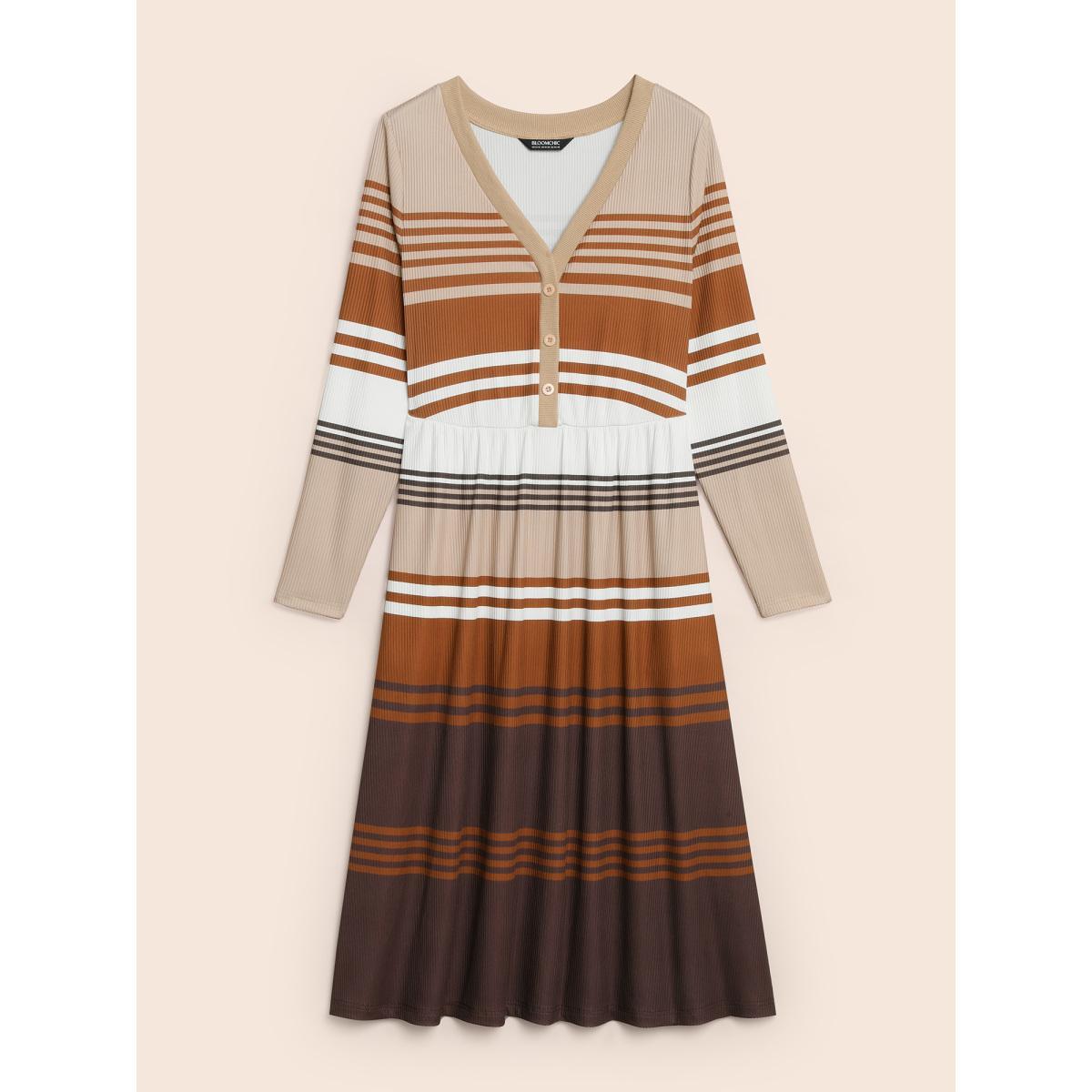 Plus Size Contrast Striped V Neck Midi Dress Yellowishbrown Women Elegant Texture V-neck Extra Long Sleeve Curvy BloomChic 22-24/3X Product Image