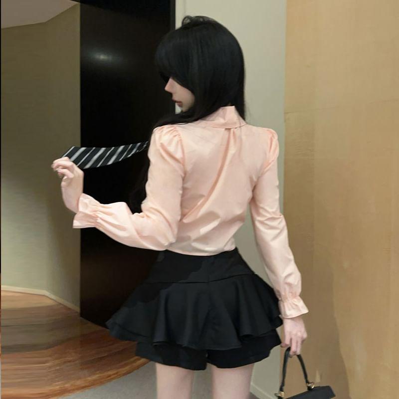 Long Sleeve Collared Plain Ruched Shirt / Necktie / Name Badge / High Waist Plain Ruffle Mini A-Line Skort / Set Product Image