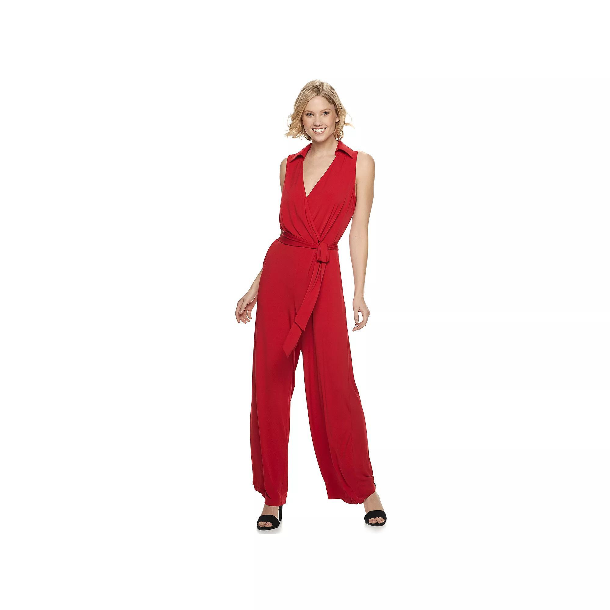 Women's Nina Leonard Collared Sleeveless Surplice Wide-Leg Jumpsuit, Size: Large Product Image