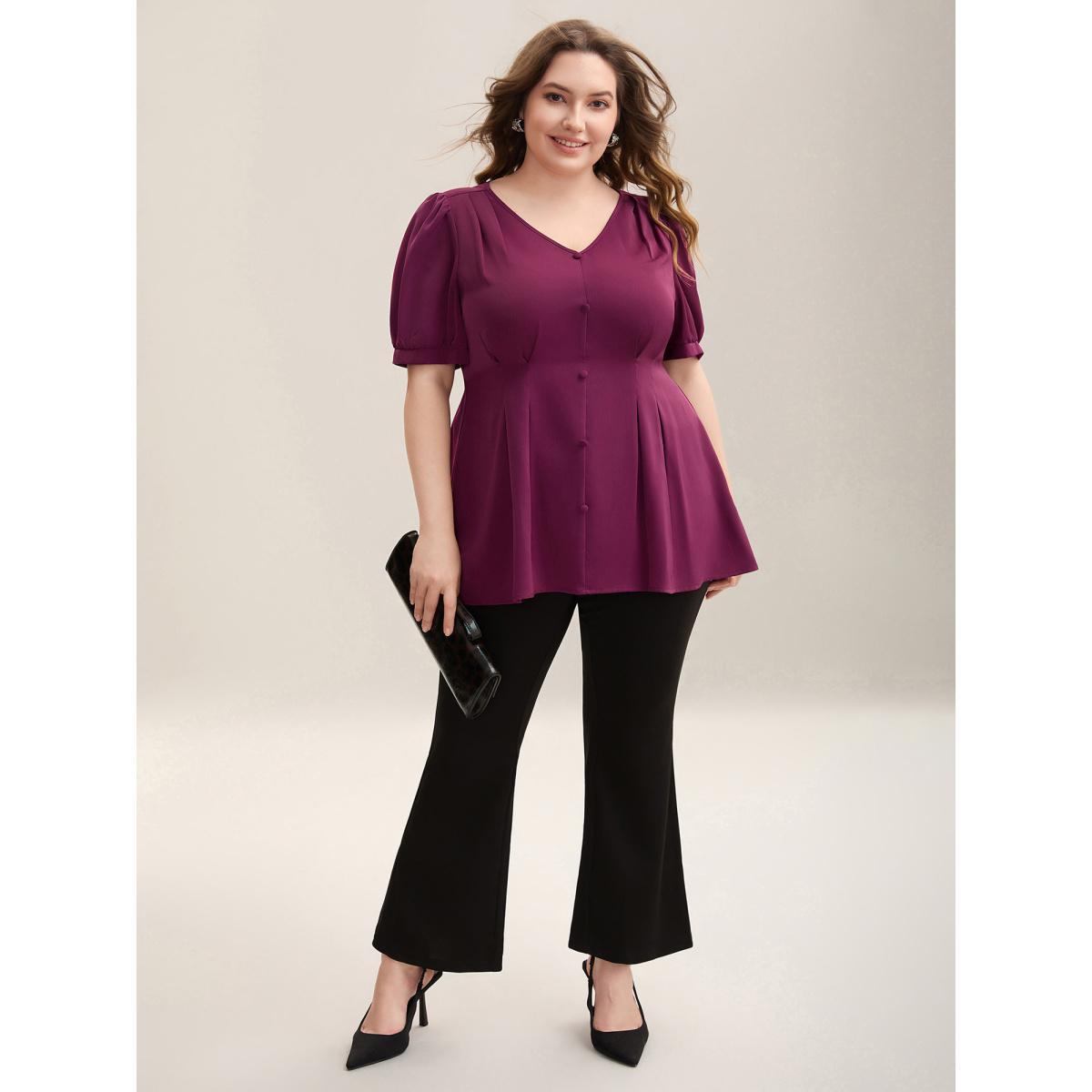 Plus Size Plum Button Detail Waist-Cinched A Line Blouse Women At the Office Short sleeve V-neck Work Blouses BloomChic 18-20/2X Product Image