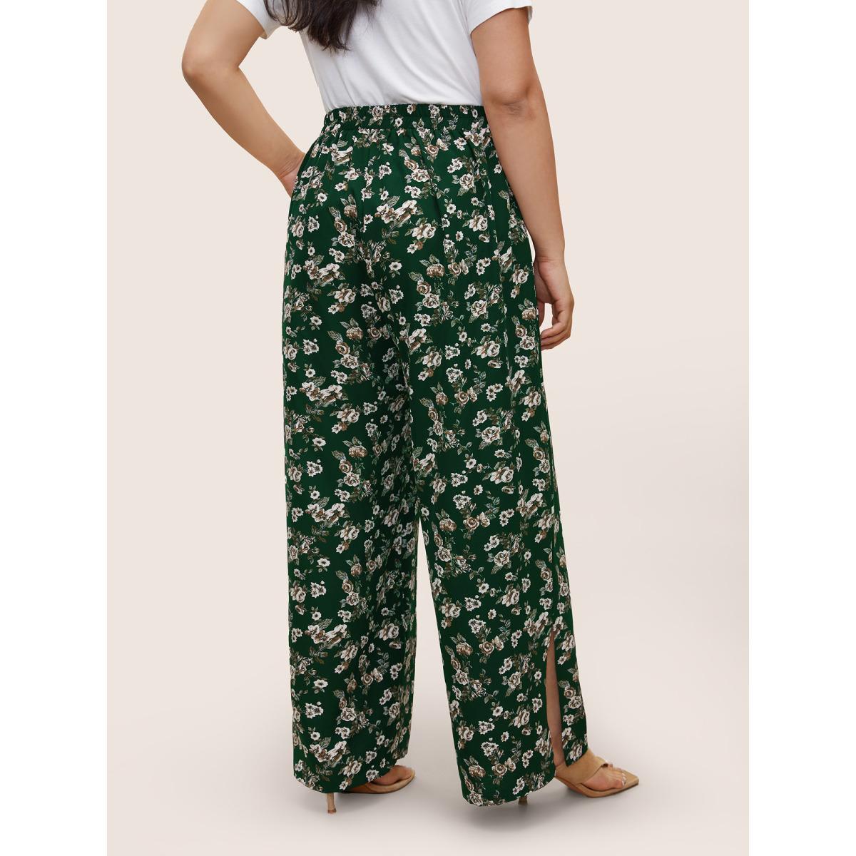 Plus Size Ditsy Floral Ties Split Hem Wide Leg Pants Women Emerald Resort Wide Leg High Rise Vacation Pants BloomChic 12/L Product Image