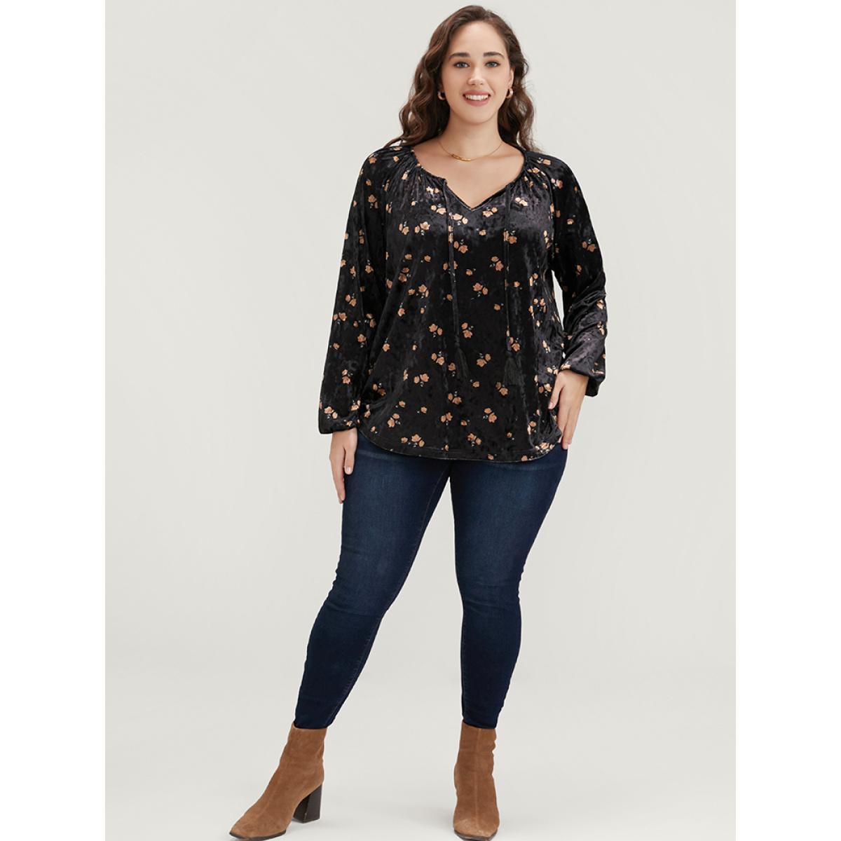 Plus Size Black Floral Lantern Sleeve Tassels Tie Neck Velvet Blouse Women Party Long Sleeve Tie Neck Going out Blouses BloomChic 22-24/3X Product Image