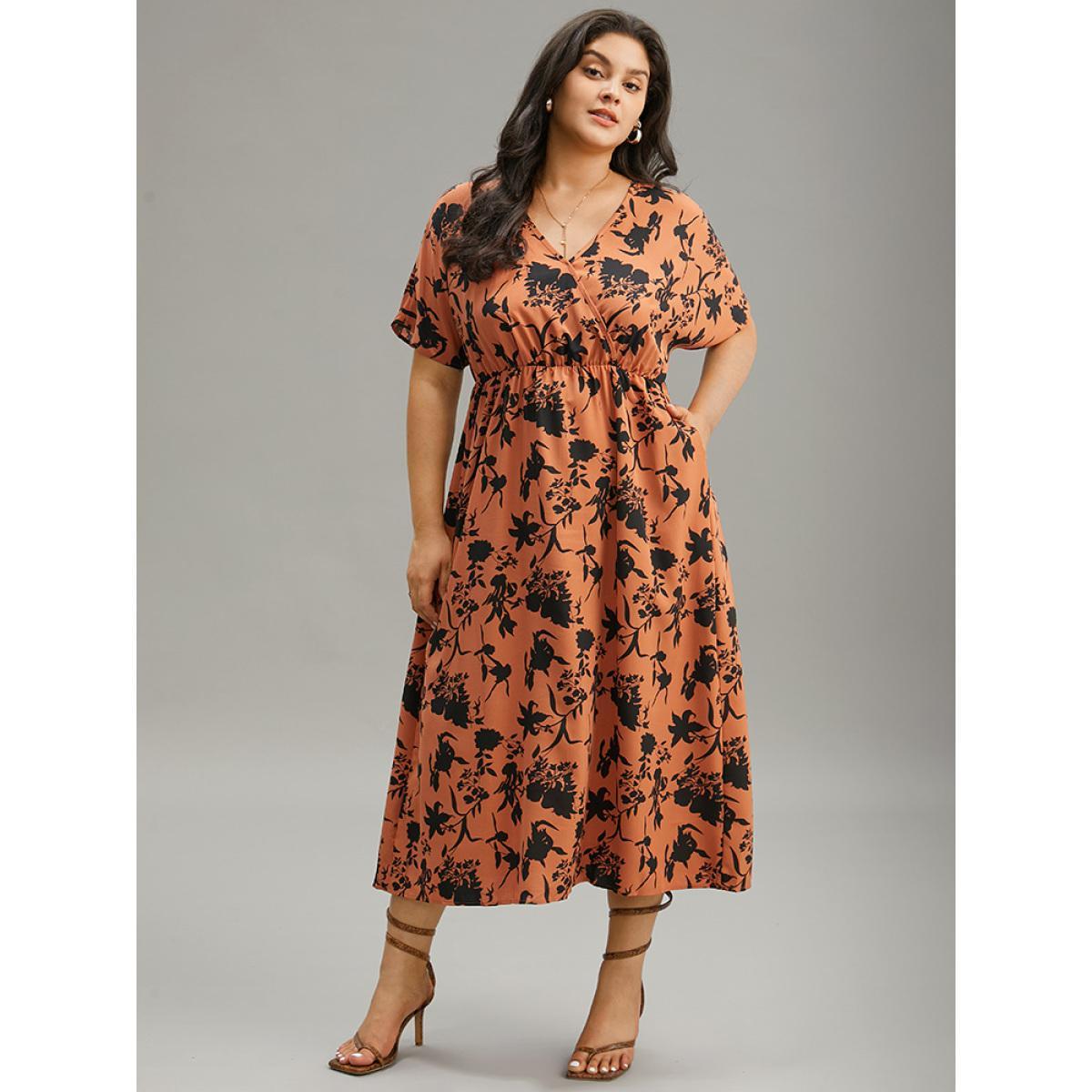 Plus Size Silhouette Floral Print Surplice Neck Elastic Waist Dress Chocolate Women Elegant Wrap V-neck Short sleeve Curvy Midi Dress BloomChic 14-16/1X Product Image
