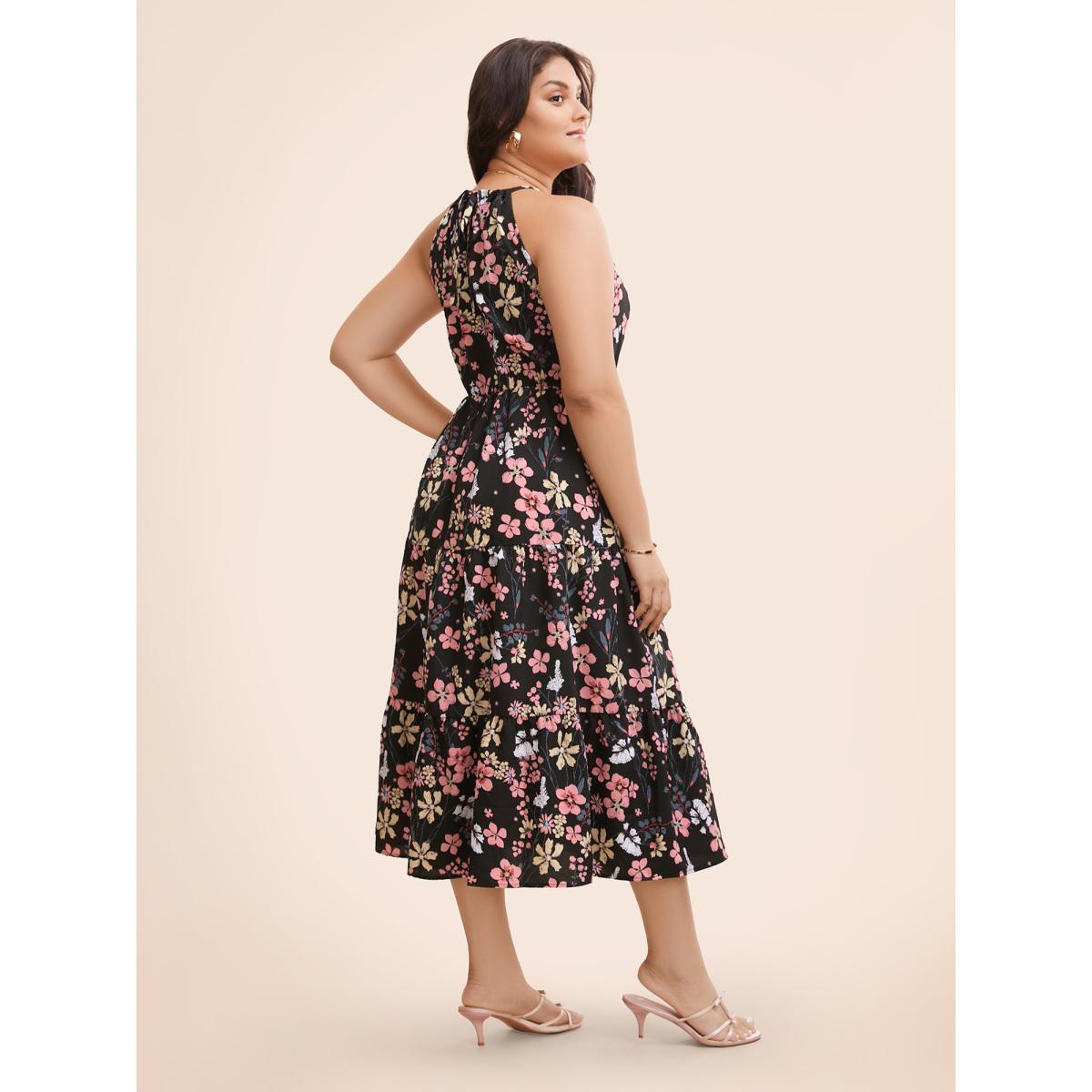 Plus Size Floral Halter Neck Ruffle Hem Dress Black Women Elegant Gathered Halter neck Sleeveless Curvy BloomChic 30/6X Product Image
