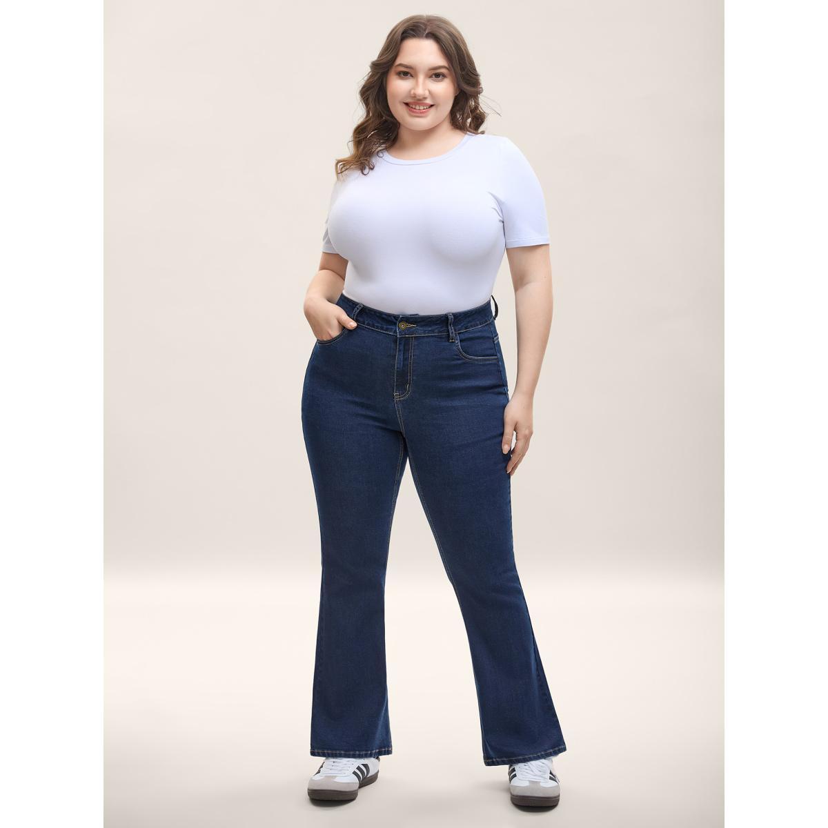 Plus Size Cowboy Waist Bootcut Mid-Rise Jeans Women Darkindigo Medium stretch Slanted pocket Jeans BloomChic 22/3X Product Image
