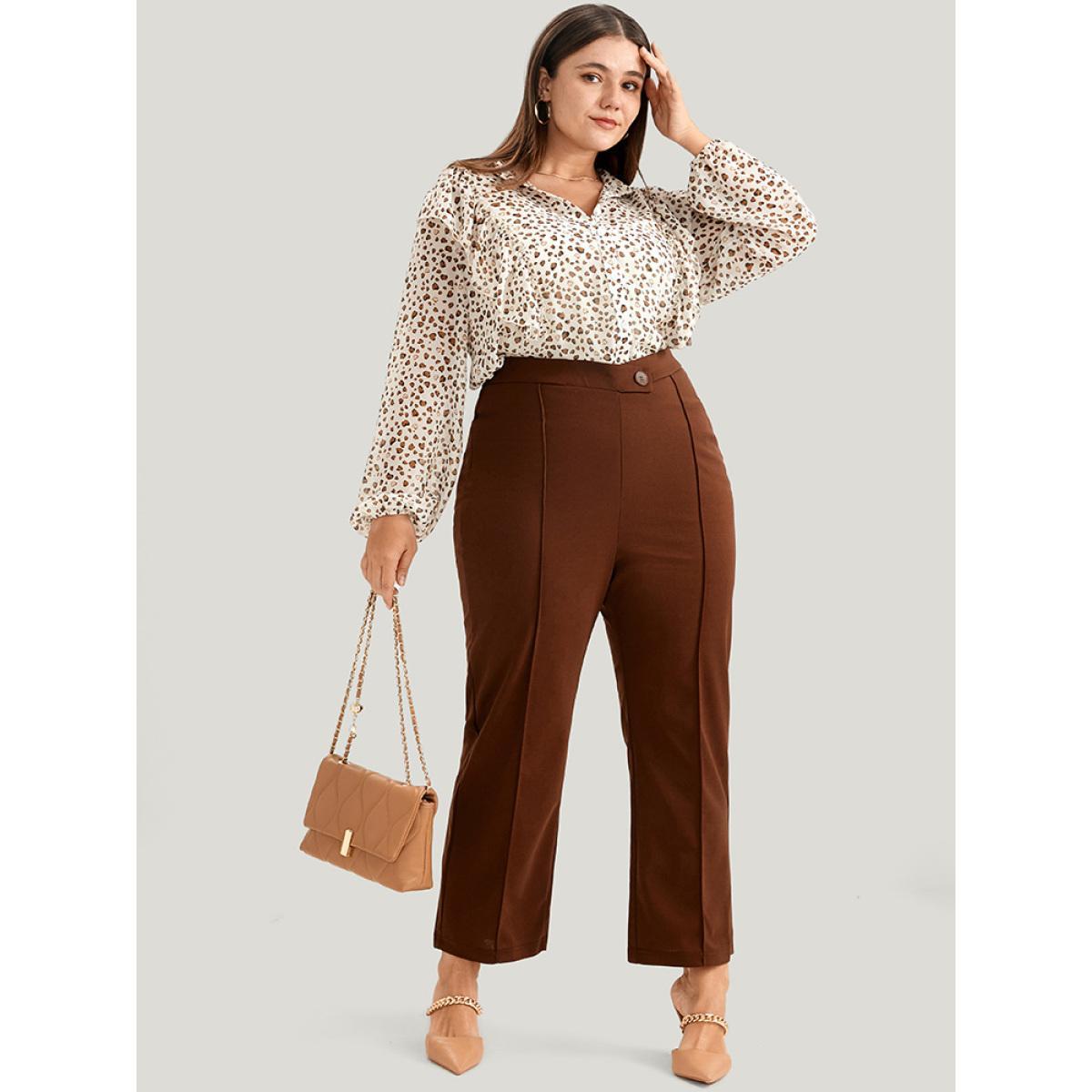 Plus Size Apricot Leopard Mesh Ruffle Trim Button Up Blouse Women Office Long Sleeve Lapel Collar Work Blouses BloomChic 12/L Product Image
