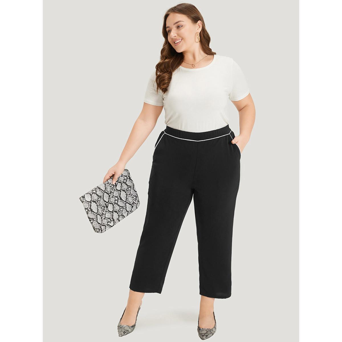 Plus Size Two Tone Seam Detail Pocket Elastic Waist Pants Women Black Office Straight Leg High Rise Work Pants BloomChic 14-16/1X Product Image
