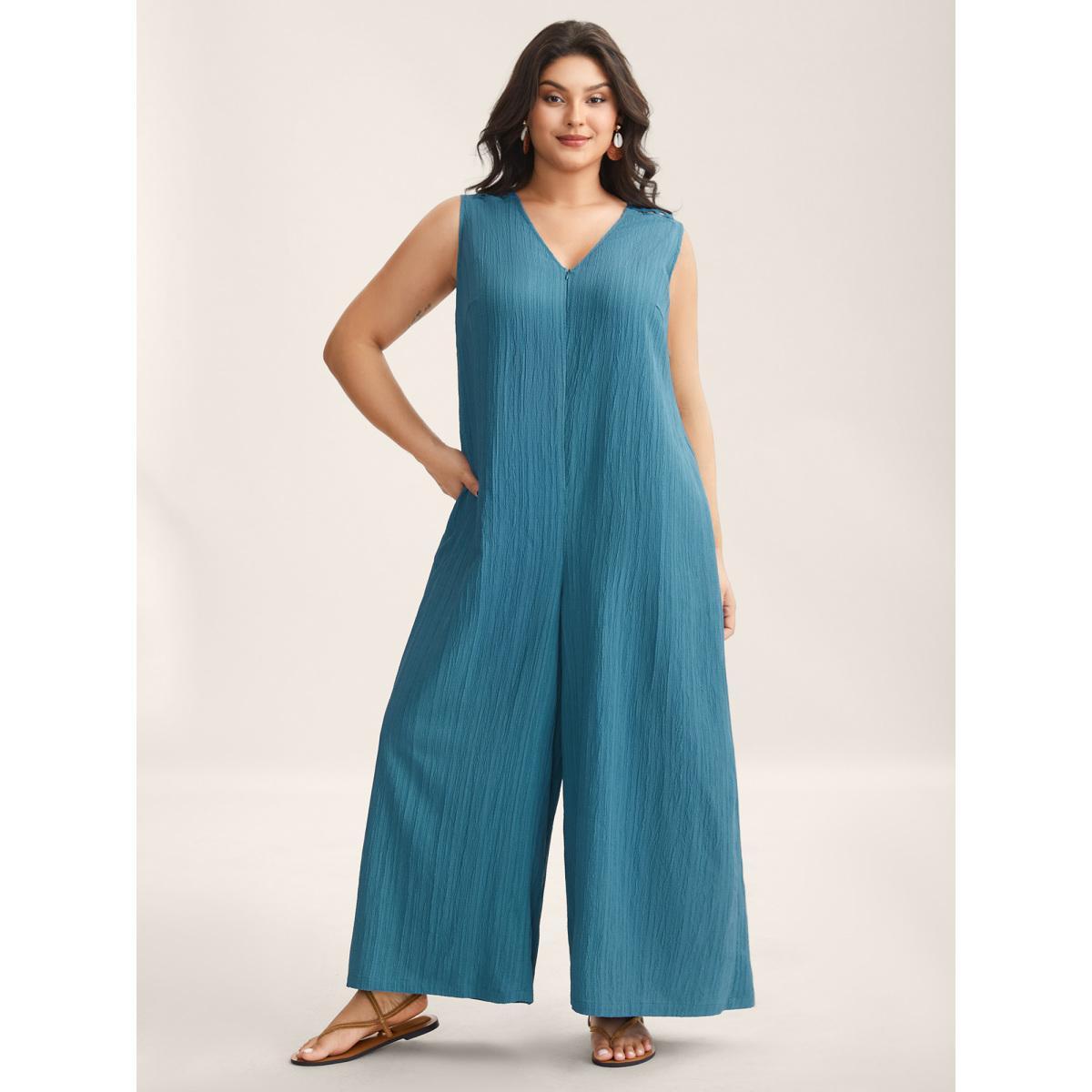 Plus Size Cerulean Back Cut-Out Textured Jumpsuit Women Sleeveless V-neck Vacation Loose Jumpsuits BloomChic 26/4X Product Image