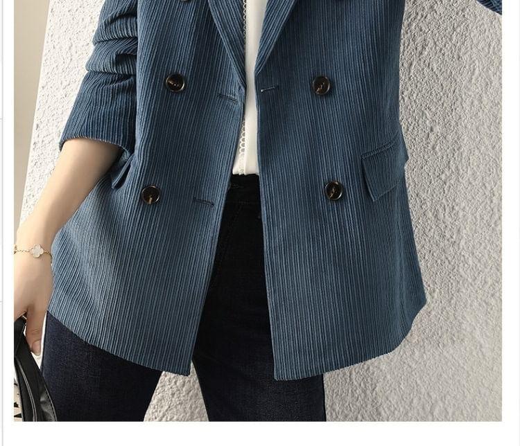 Lapel Collared Corduroy Double-Breasted Long Blazer Product Image