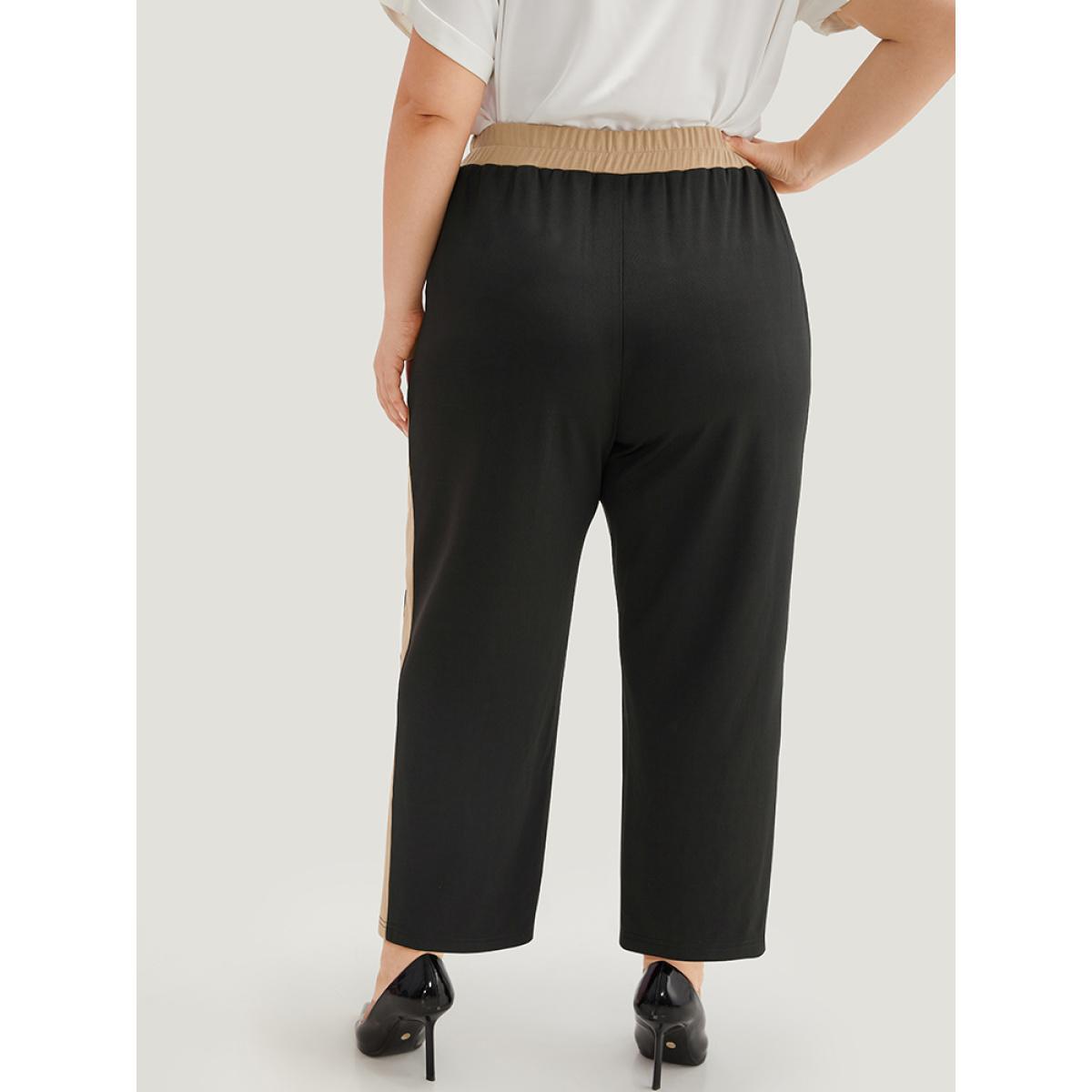 Plus Size Two Tone Elastic Waist Pocket Pants Women Black Office High Rise Work Pants BloomChic 28/5X Product Image