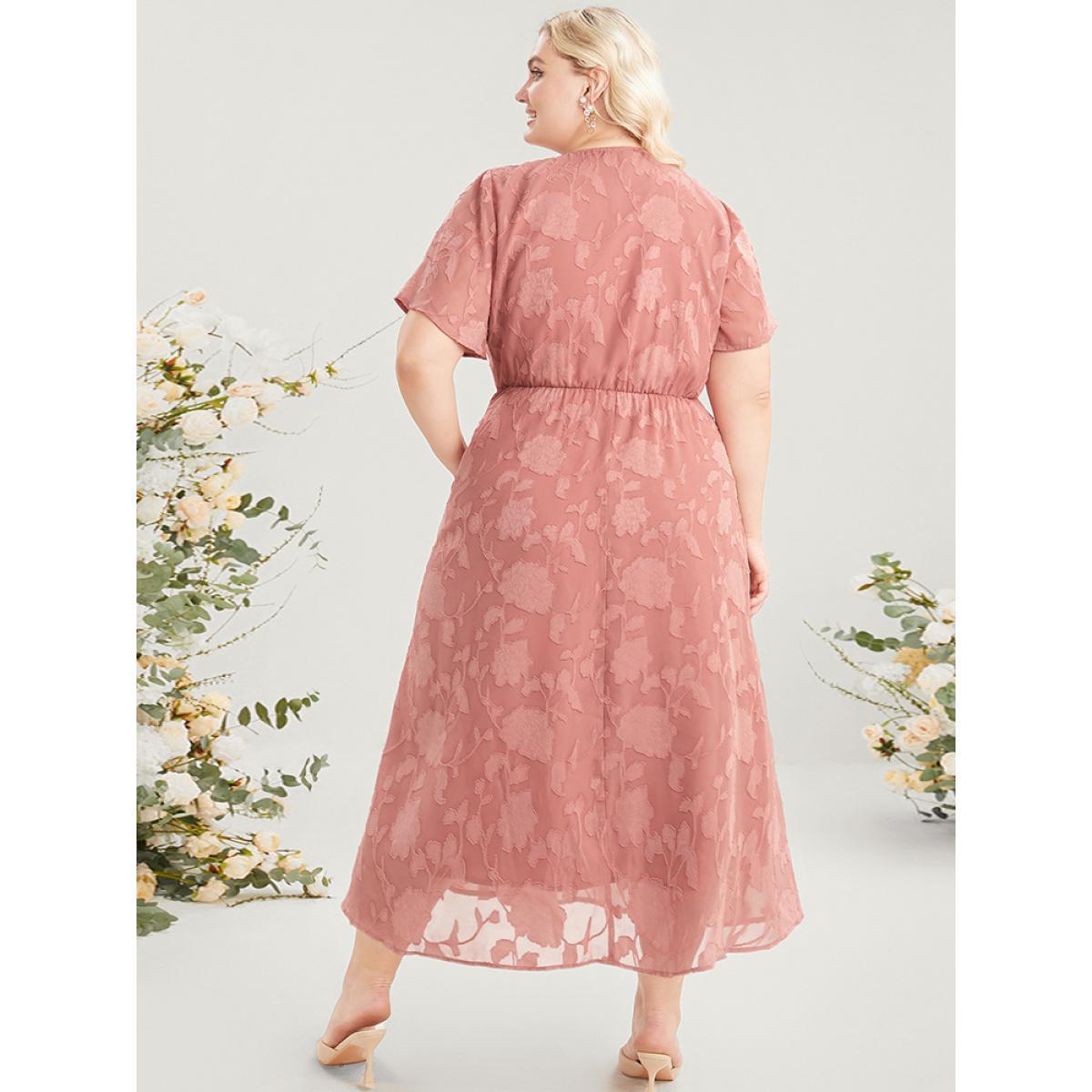 Plus Size Plain Surplice Neck Split Mesh Pocket Ruffles Dress Rouge Women Elegant See through Overlap Collar Short sleeve Curvy Long Dress BloomChic 10/M Product Image
