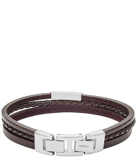 Fossil Men's Multi-Strand Silver-Tone Steel and Brown Leather Link Bracelet Product Image