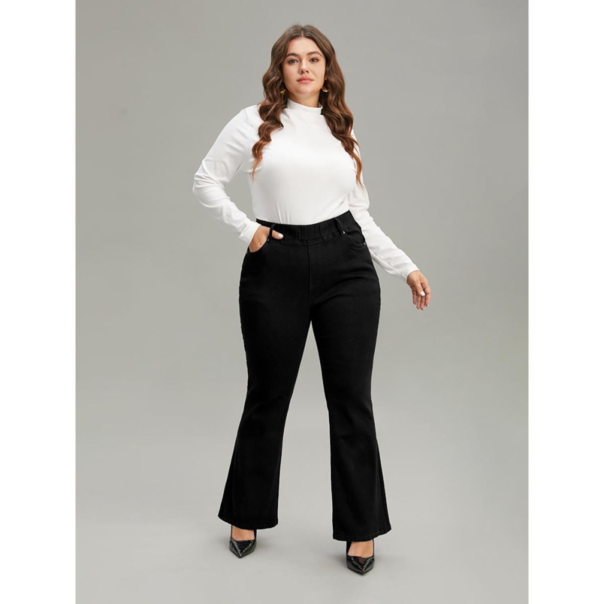 Plus Size Black Wash Pocket Flare Leg Jeans Women Black Casual Plain Plain High stretch Pocket Jeans BloomChic 20/2X Product Image