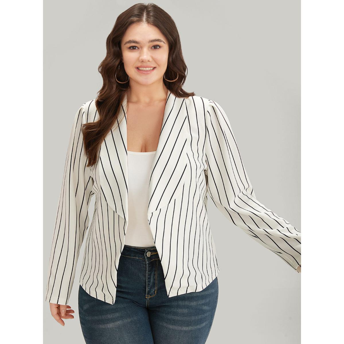 Plus Size Striped Lapel Collar Open Front Blazer White Women Work Striped Asymmetrical Sleeve Long Sleeve Lapel Collar 26/4X At the Office Blazers BloomChic Product Image