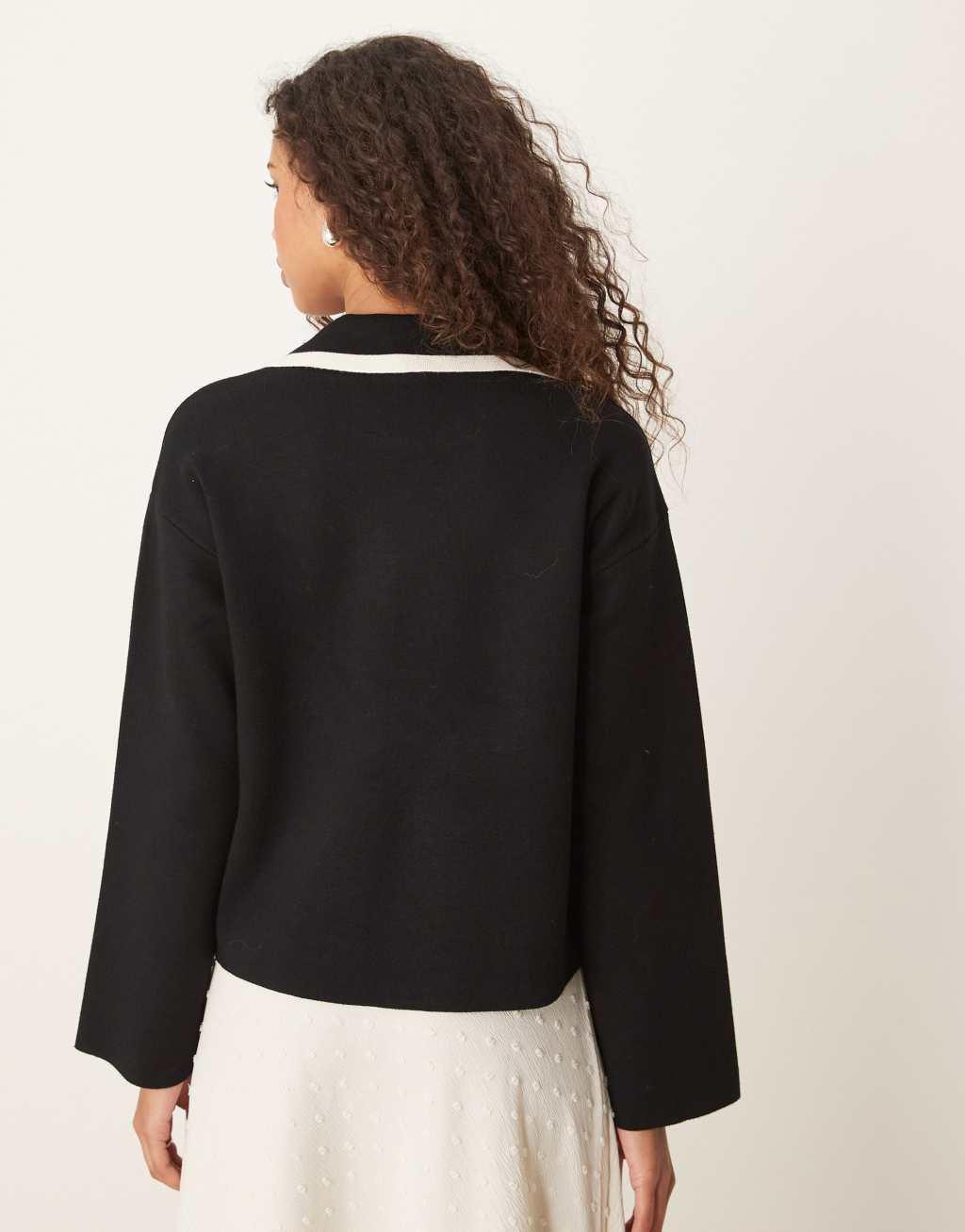 YAS bow neck long sleeve knit top in black Product Image