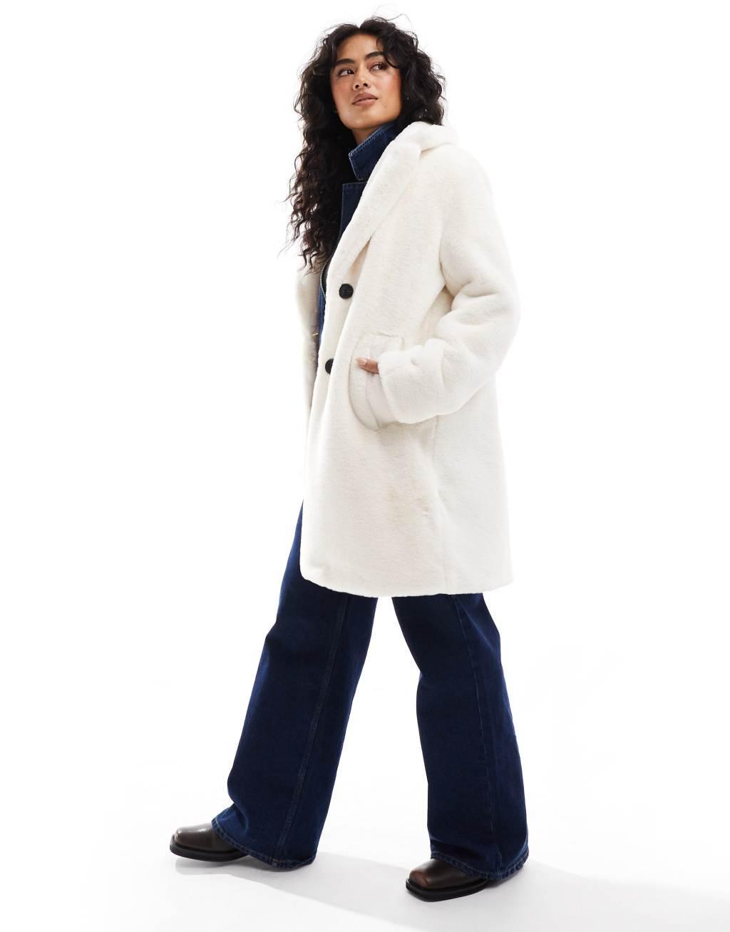 Bershka soft faux fur longline coat in ecru Product Image