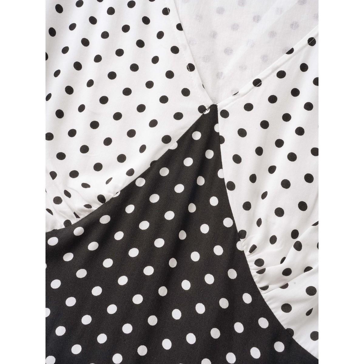 Plus Size Polka Dot Contrast Lantern Sleeve Midi Dress Black Women At the Office Contrast V-neck Short sleeve Curvy BloomChic 30/6X Product Image