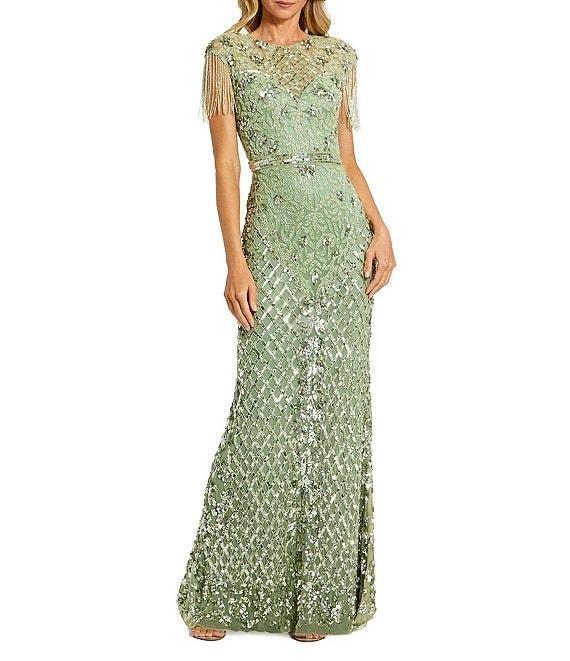 Mac Duggal Sequin Embellished Crew Neck Cap Sleeve Sequin Belt Beaded Fringe Sheath Gown Product Image