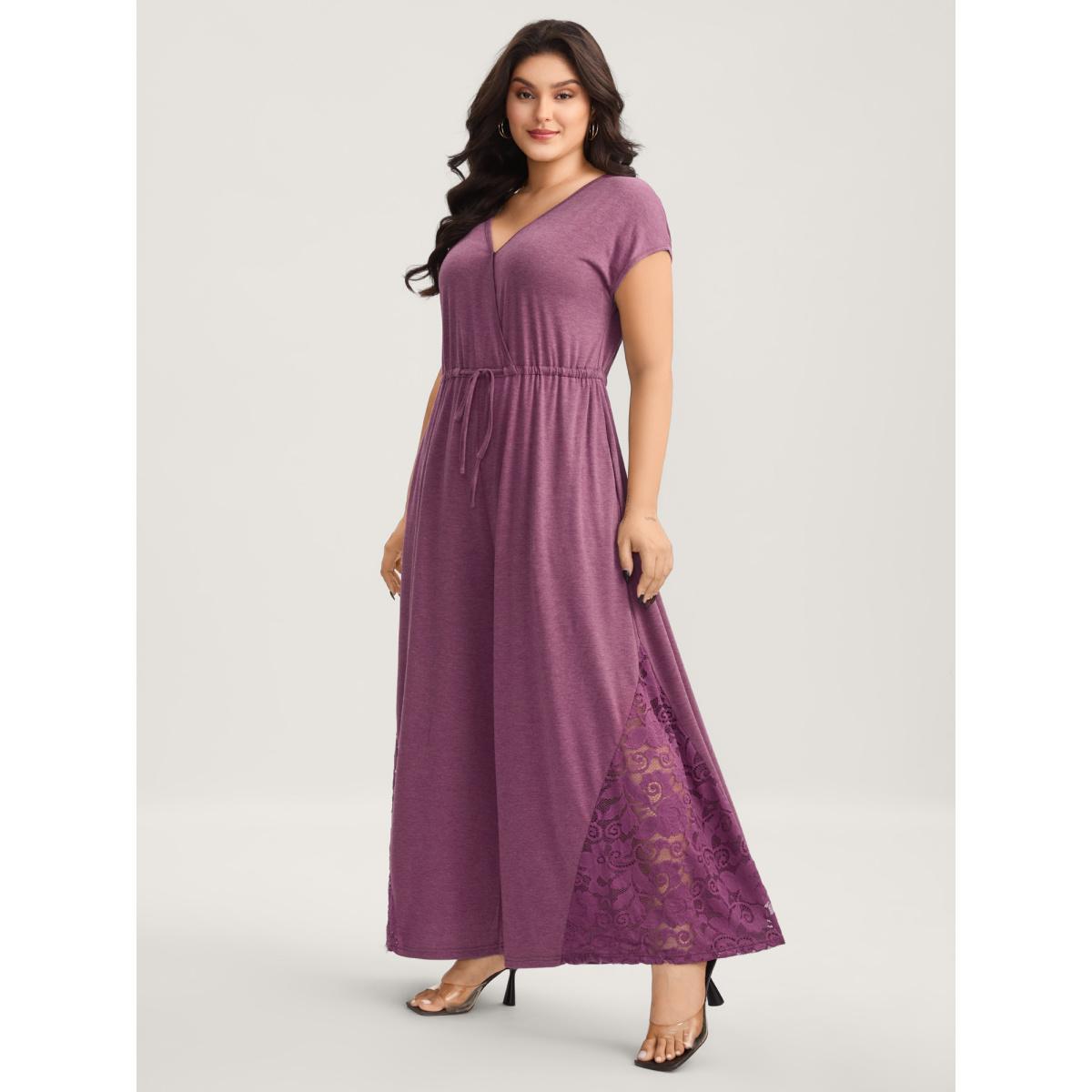 Plus Size Plum Very Stretchy Lace Waist-Tie Jumpsuit Women Cap Sleeve V-neck Vacation Loose Jumpsuits BloomChic 30/6X Product Image
