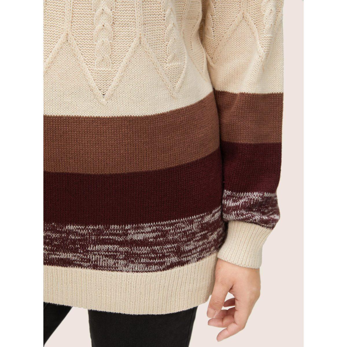 Plus Size Colorblock Contrast Cable Knit Raglan Sleeve Pullover Apricot Women Casual Loose Long Sleeve Round Neck Dailywear Pullovers BloomChic 28/5X Product Image