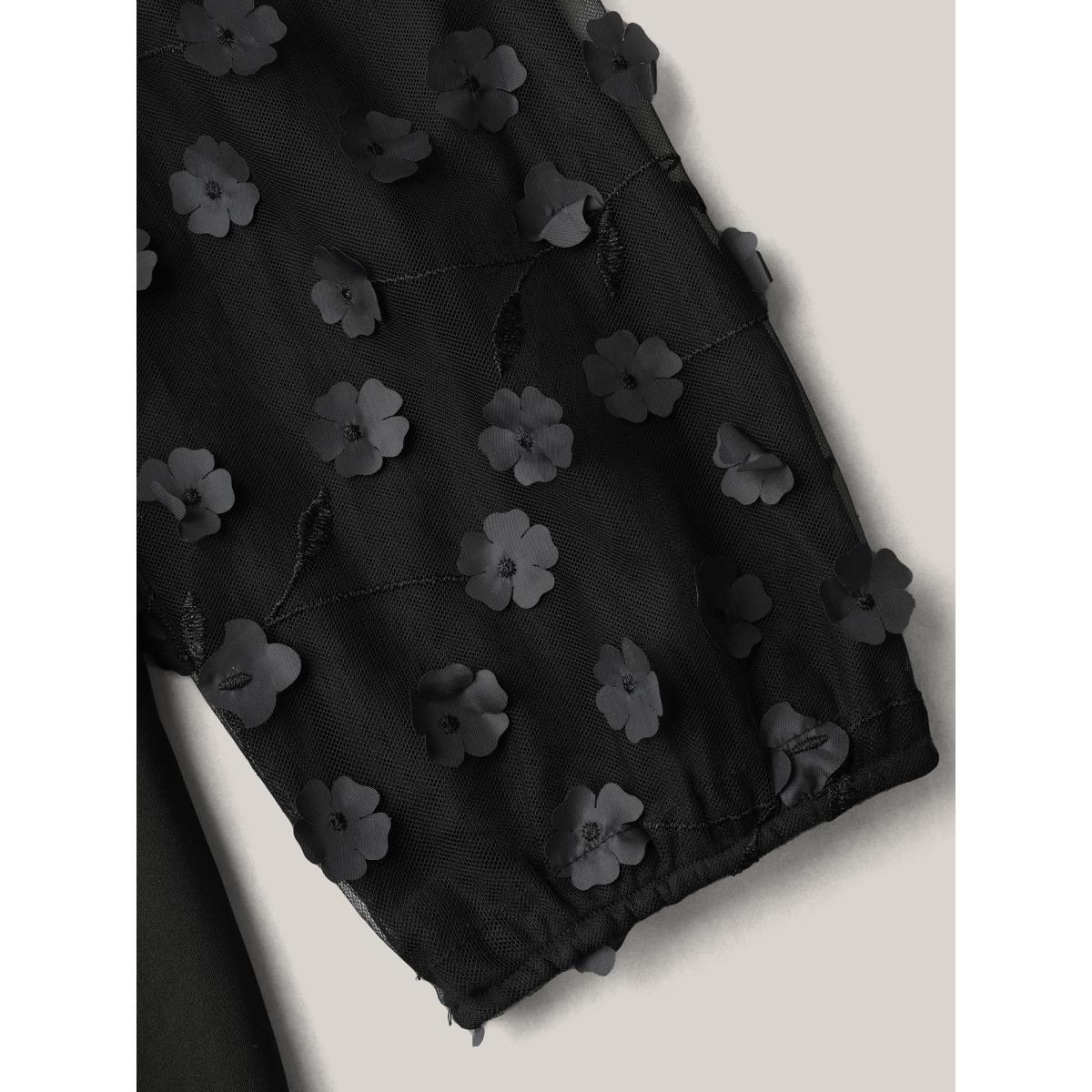 Plus Size Black Floral Mesh Sleeve Pockets Straight-Leg Jumpsuit Women Elegant Elbow-length sleeve Square Neck Everyday-Elegant Loose Jumpsuits BloomChic 28/5X Product Image