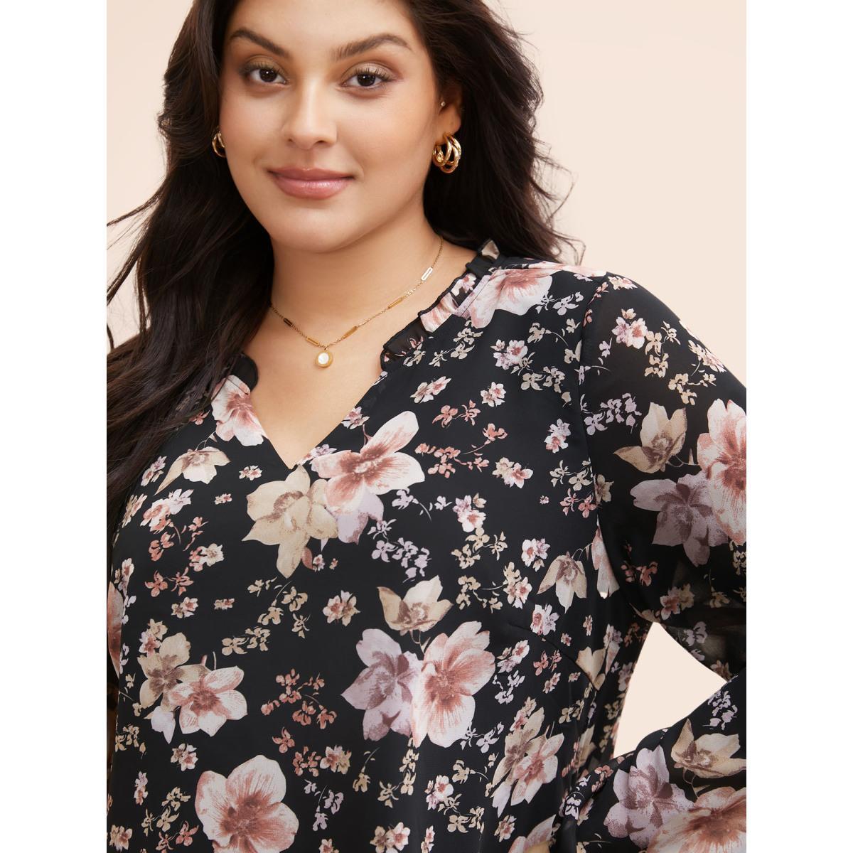 Plus Size Black Chiffon Floral Notched Ruffle Trim Blouse Women Elegant Long Sleeve Notched collar Everyday Blouses BloomChic 26/4X Product Image