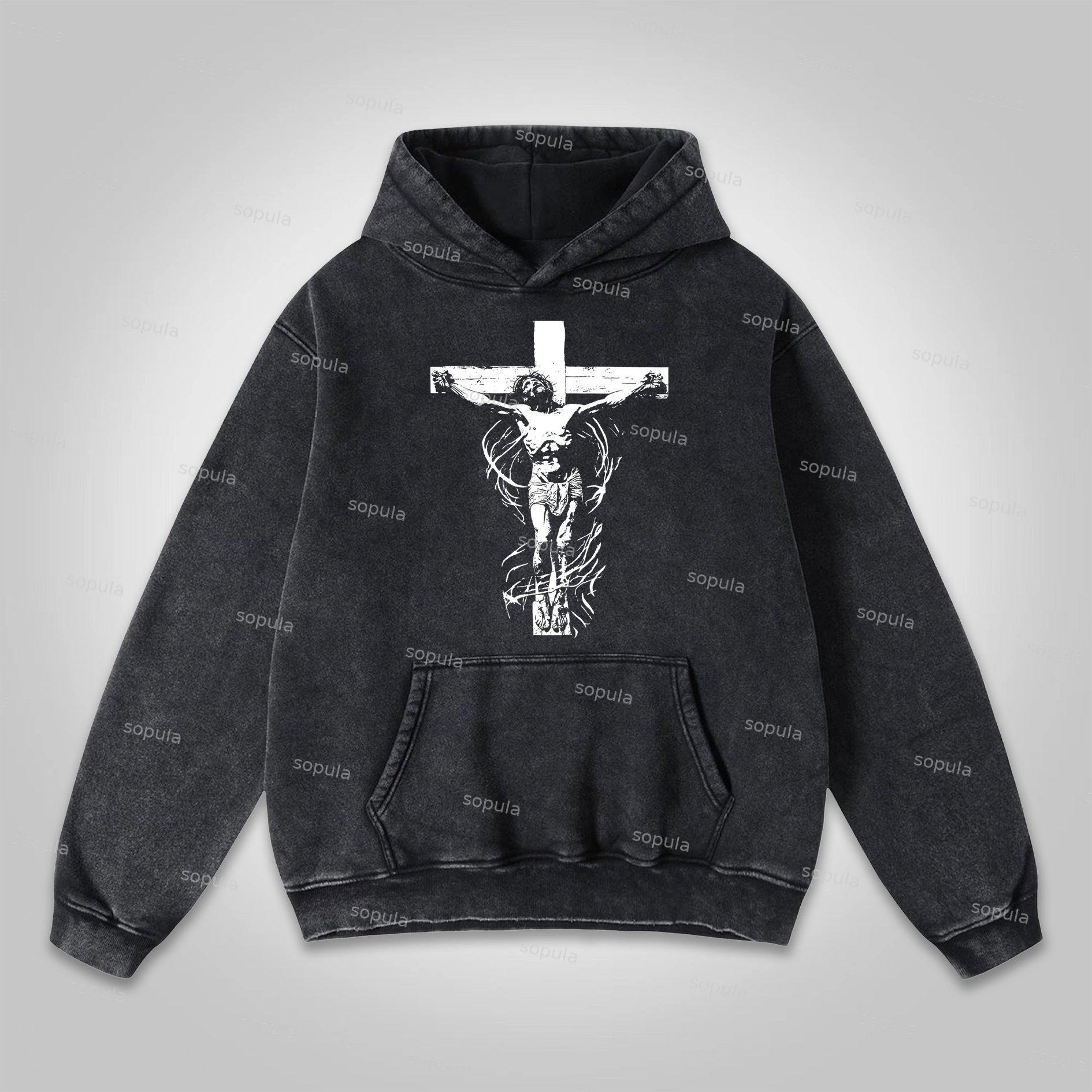 Sopula Virgin Mary Praying Faith Graphic Washed Hoodies Product Image