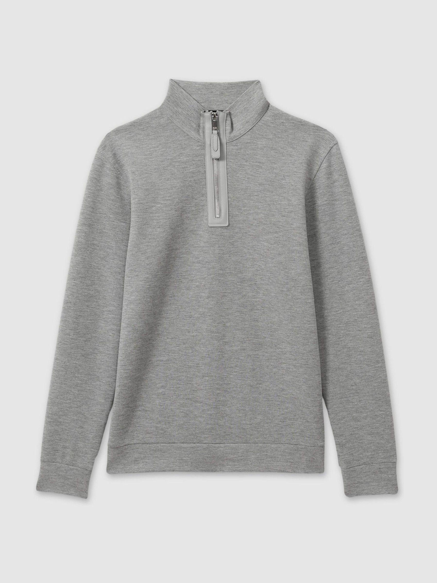 Leather-Placket Interlock-Jersey Sweatshirt in Grey Melange Product Image