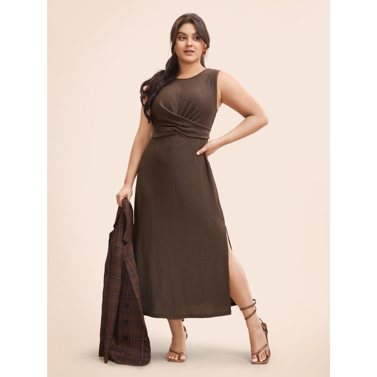 Plus Size Twist Front Split Hem Sleeveless Dress DarkBrown Women Casual Twist Round Neck Sleeveless Curvy BloomChic 18-20/2X Product Image