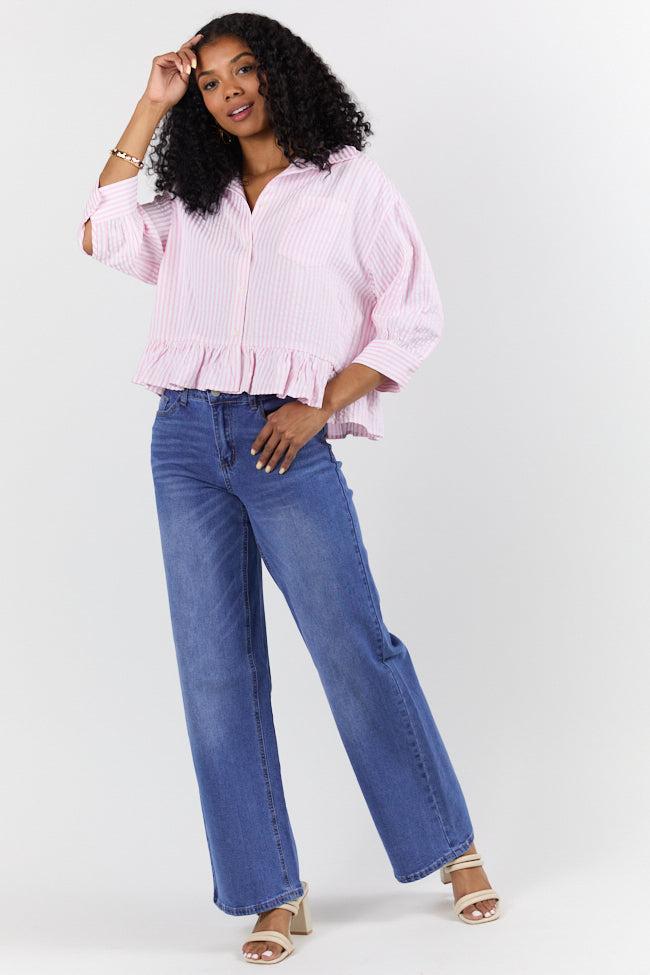 In Depth Pink Ruffle Hem Textured Stripe Button Down Top SALE Product Image