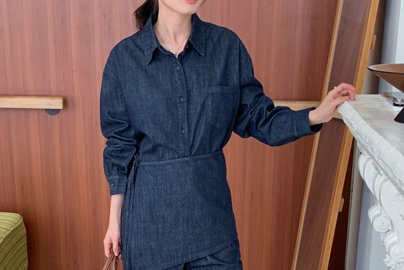 Set: Long-Sleeve Plain Shirt + High Rise Loose Fit Jeans Product Image