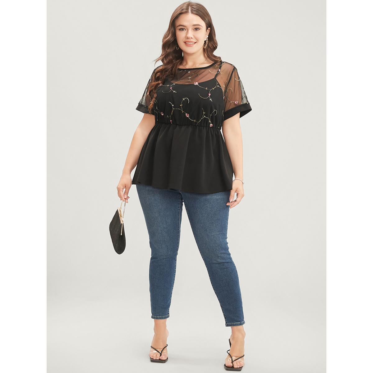 Plus Size Black Floral Embroidered Mesh Patchwork Ruffles Blouse Women Glamour Short sleeve Round Neck Party Blouses BloomChic 10/M Product Image