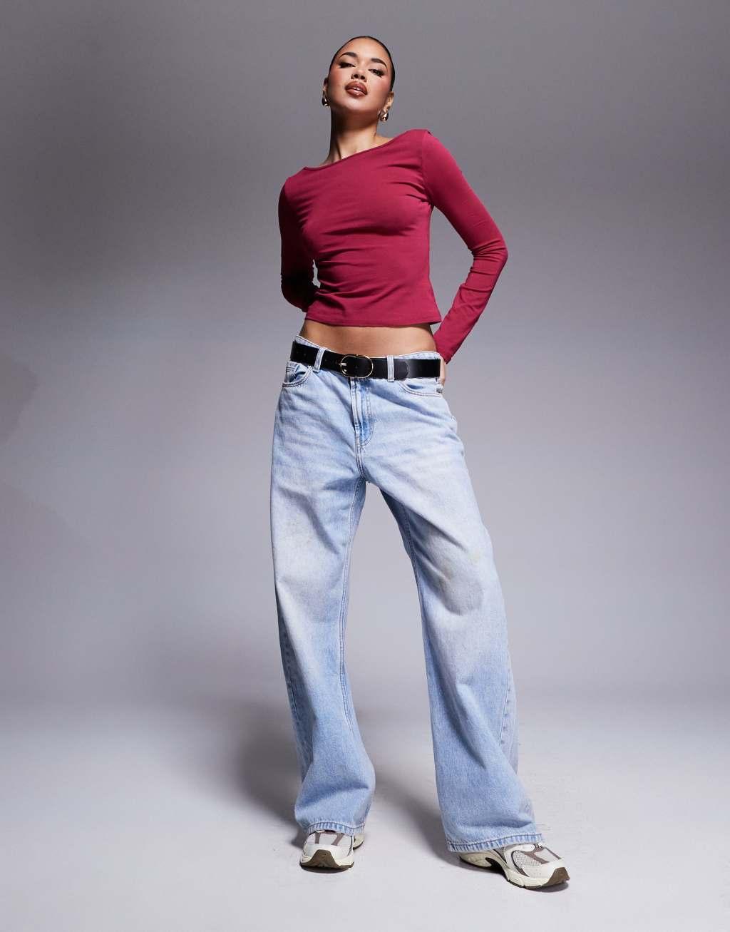 ASOS DESIGN acid wash v back slash neck top in burgundy Product Image