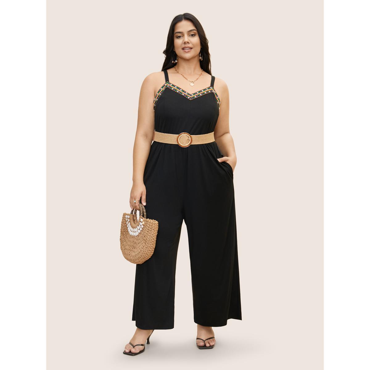 Plus Size Black V Neck Woven Ribbon Pocket Jumpsuit Women Resort Sleeveless V-neck Vacation Loose Jumpsuits BloomChic 28/5X Product Image