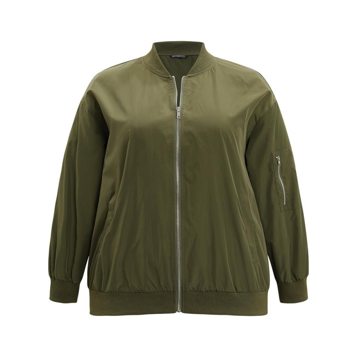 Plus Size Plain Zipper Pocket Elastic Cuffs Jacket Women ArmyGreen Plain Pocket Dailywear Jackets BloomChic 10/M Product Image