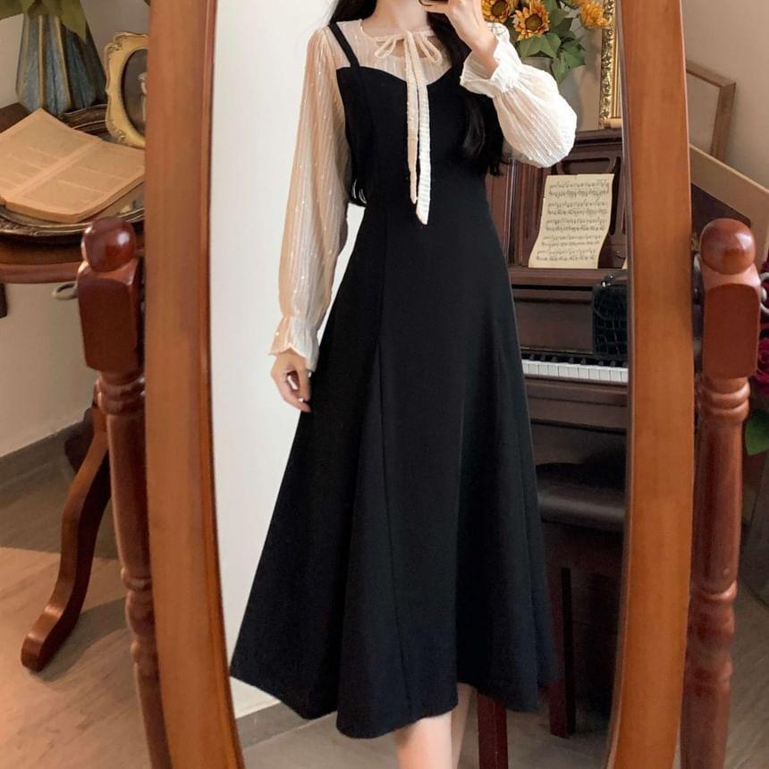 Long Sleeve Round Neck Mock Two Piece Tie Front Midi A-Line Dress Product Image