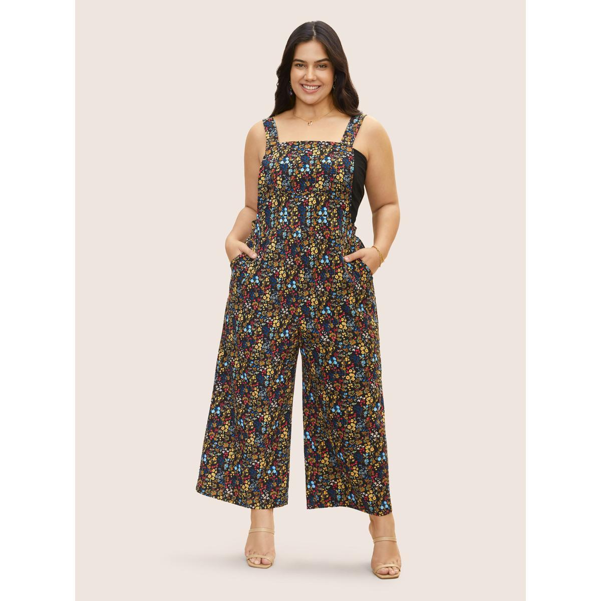 Plus Size Black Square Neck Ditsy Floral Elastic Waist Jumpsuit Women Elegant Sleeveless Square Neck Everyday Loose Jumpsuits BloomChic 10/M Product Image