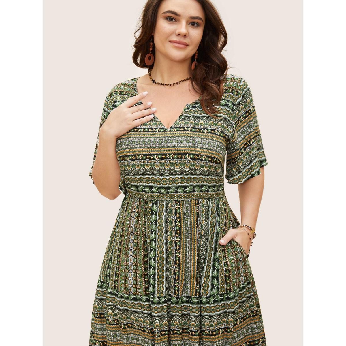 Plus Size Rayon Bandana Print Ruffle Layered Hem Dress Black Women Resort Ruffles Notched collar Short sleeve Curvy BloomChic 30/6X Product Image