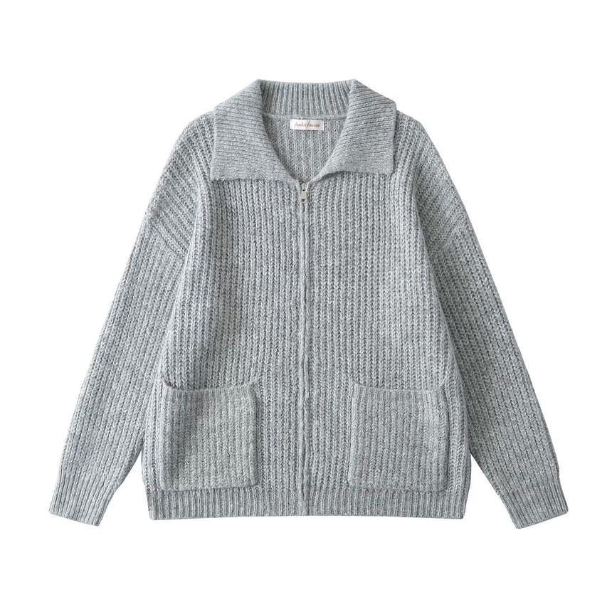Collared Plain Zip Cardigan Product Image