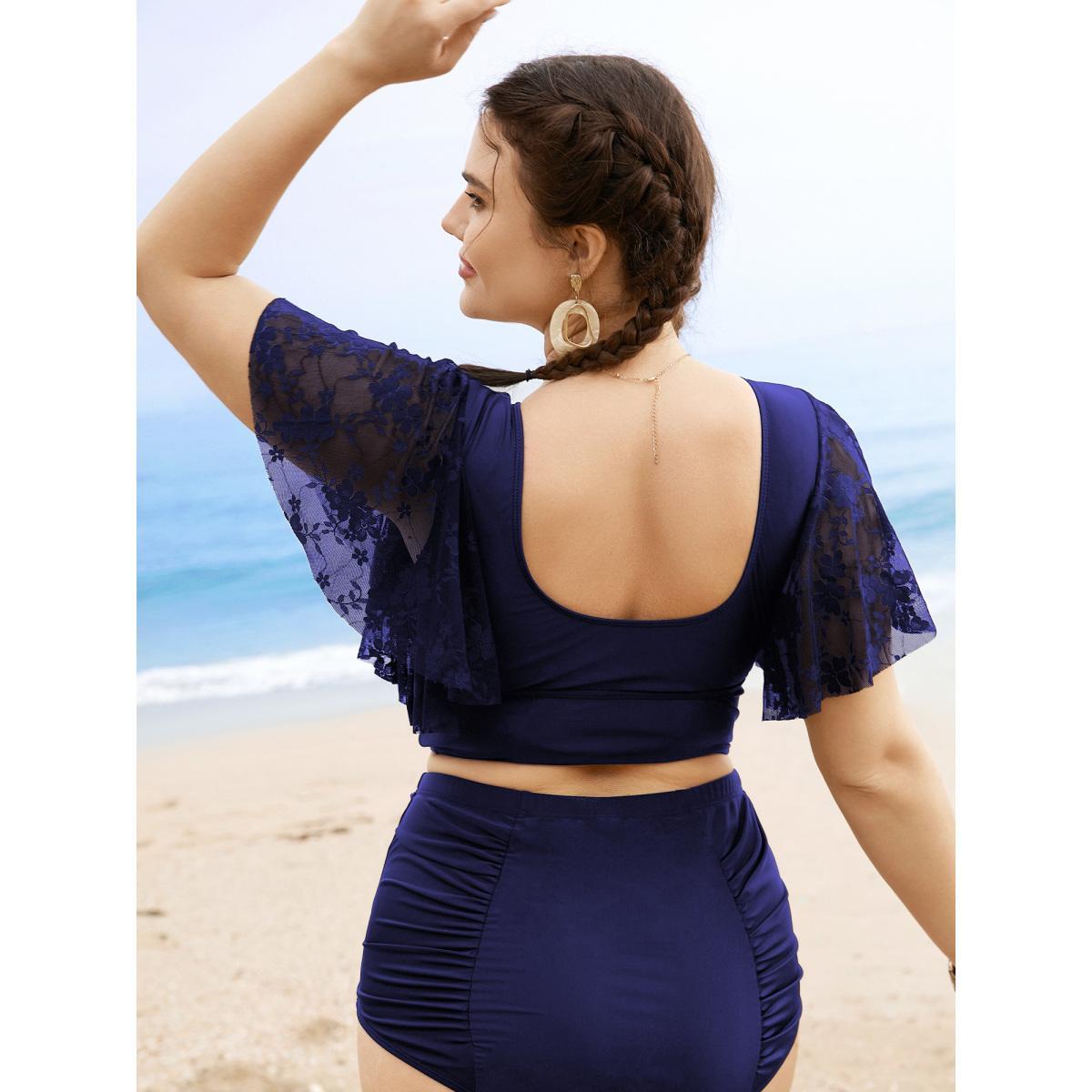 Plus Size U Neck Crochet Lace Mesh Swim Top Women's Swimwear Deeppurplered Beach Texture High stretch Skinny U-neck Curve Swim Tops BloomChic 28/5X Product Image