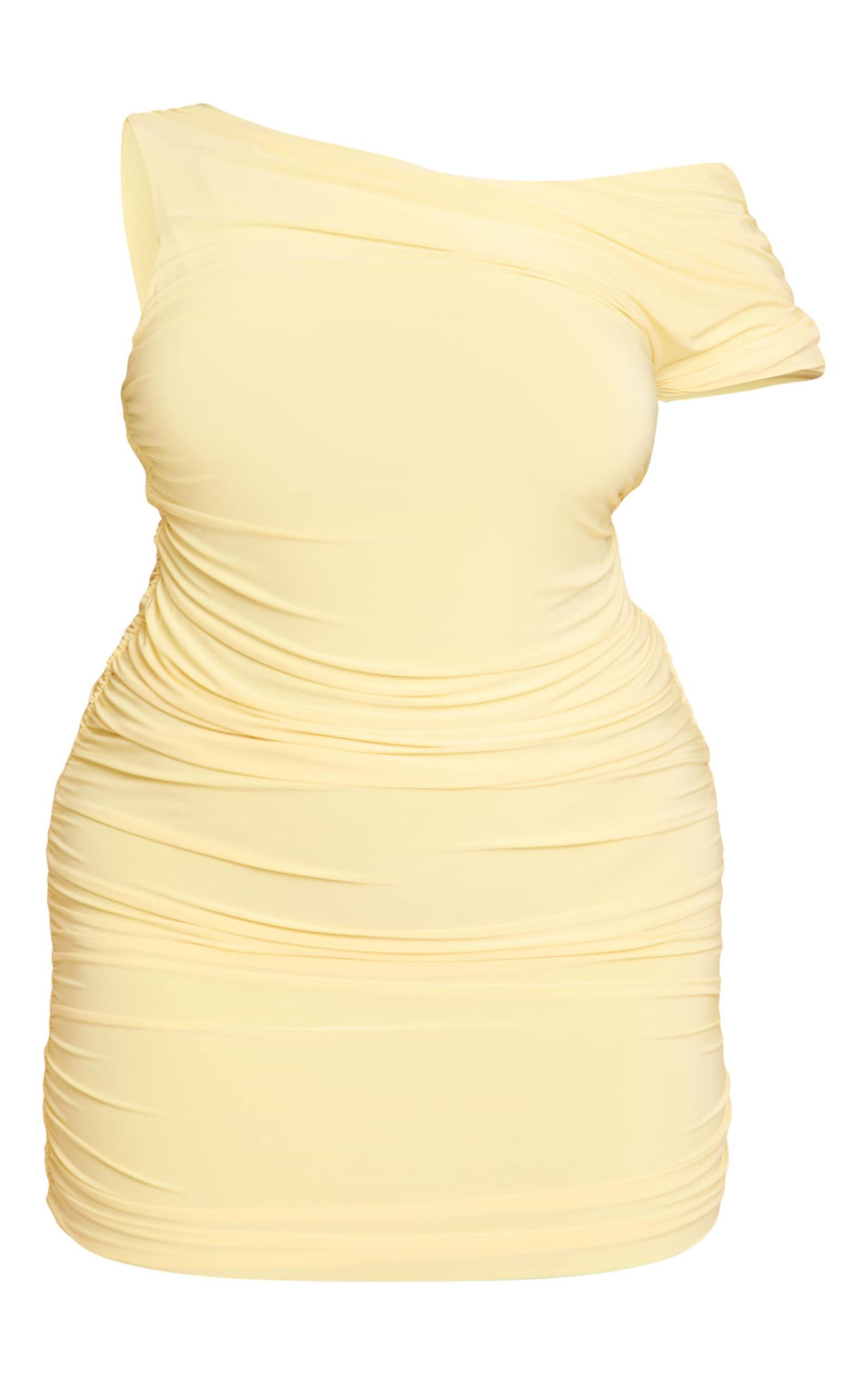 Plus Lemon Double Layer Slinky Ruched Drape Detail Mini Dress Product Image