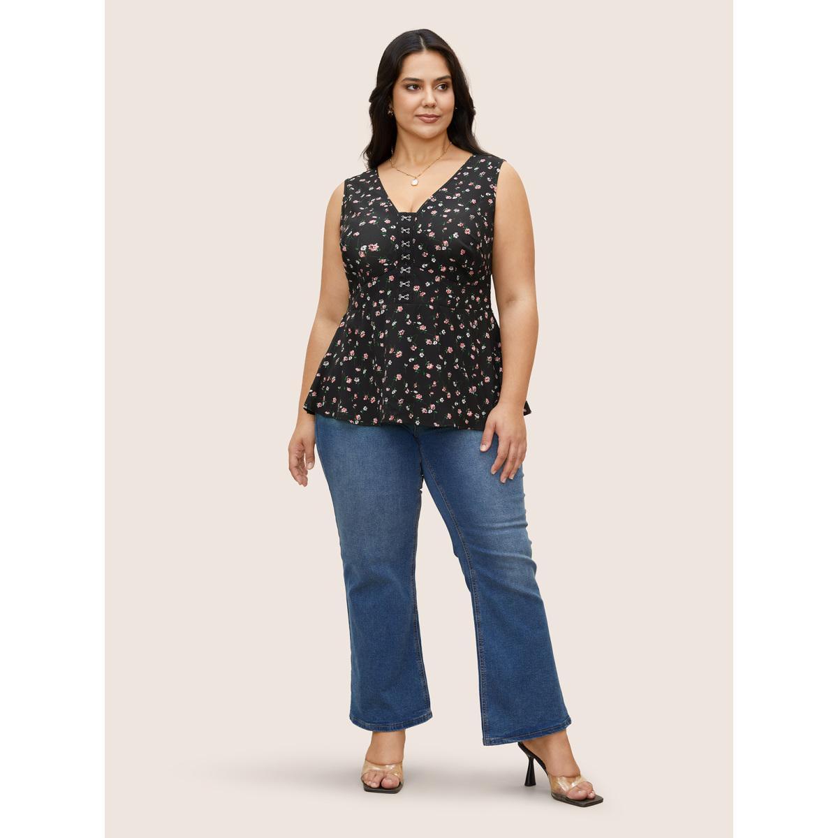 Plus Size V Neck Ditsy Floral Buckle Detail Tank Top Women Black Elegant Gathered V-neck Everyday Tank Tops Camis BloomChic 22-24/3X Product Image