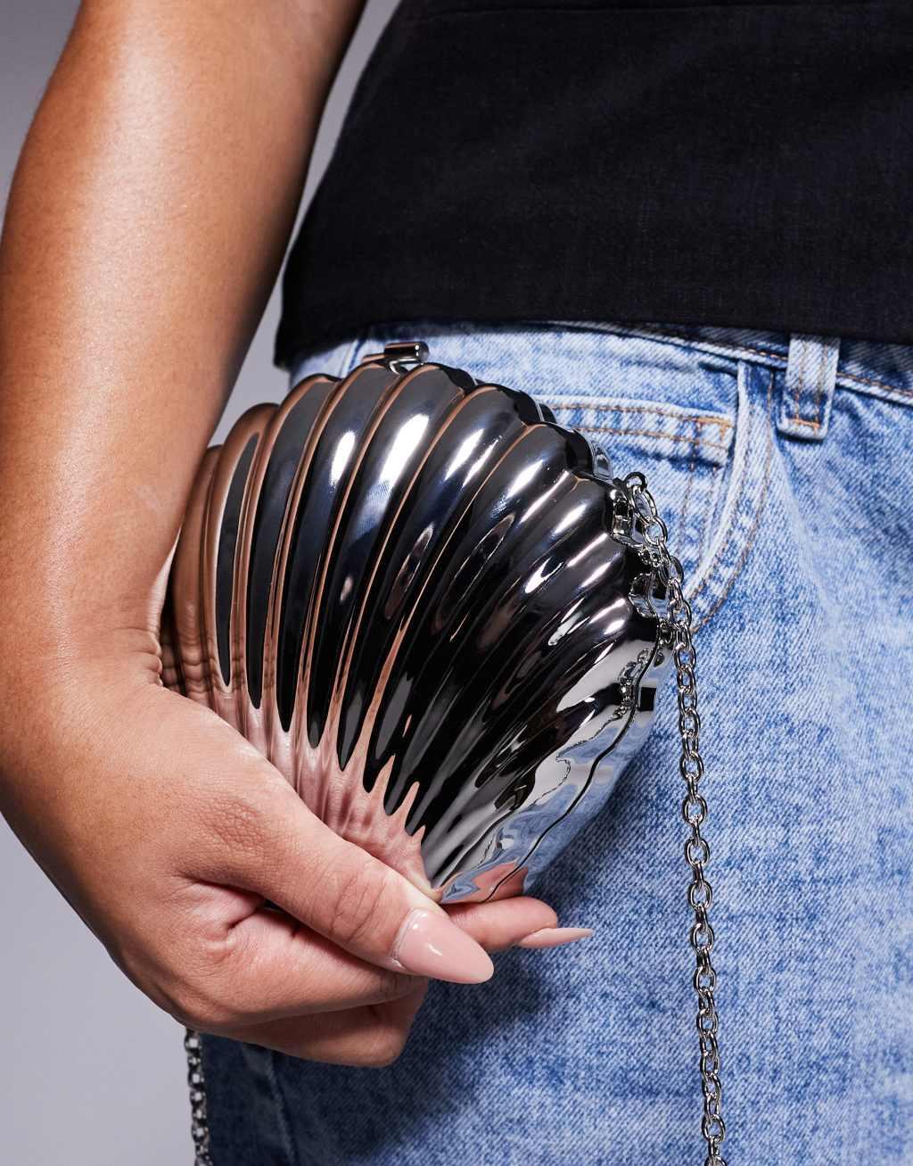 ASOS DESIGN shell metal clutch bag in silver with crossbody strap Product Image