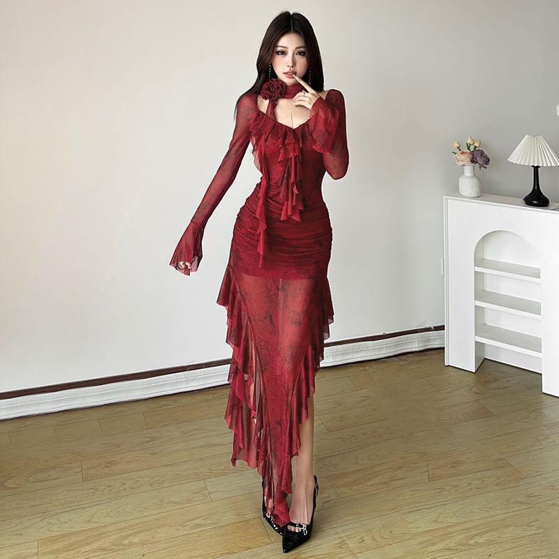 Long-Sleeve V-Neck Tie Dye Asymmetrical Ruffle Trim Mesh Maxi Bodycon Dress Product Image