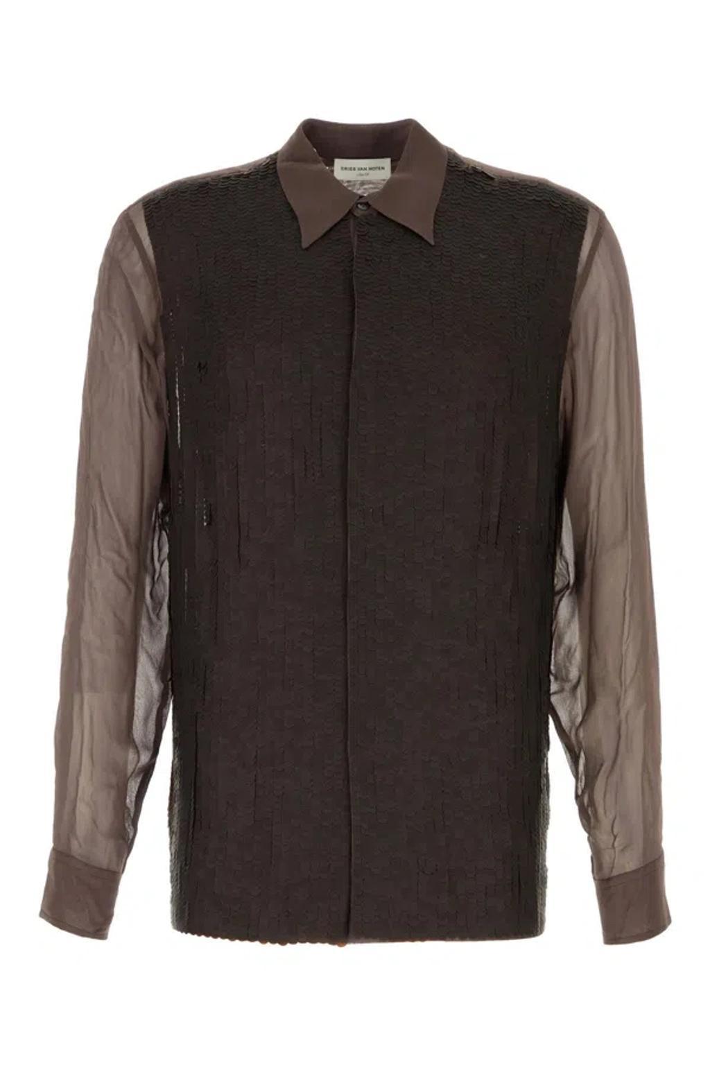 DRIES VAN NOTEN Crepe Shirt With Point Collar And Sheer Sleeves In Brown Product Image