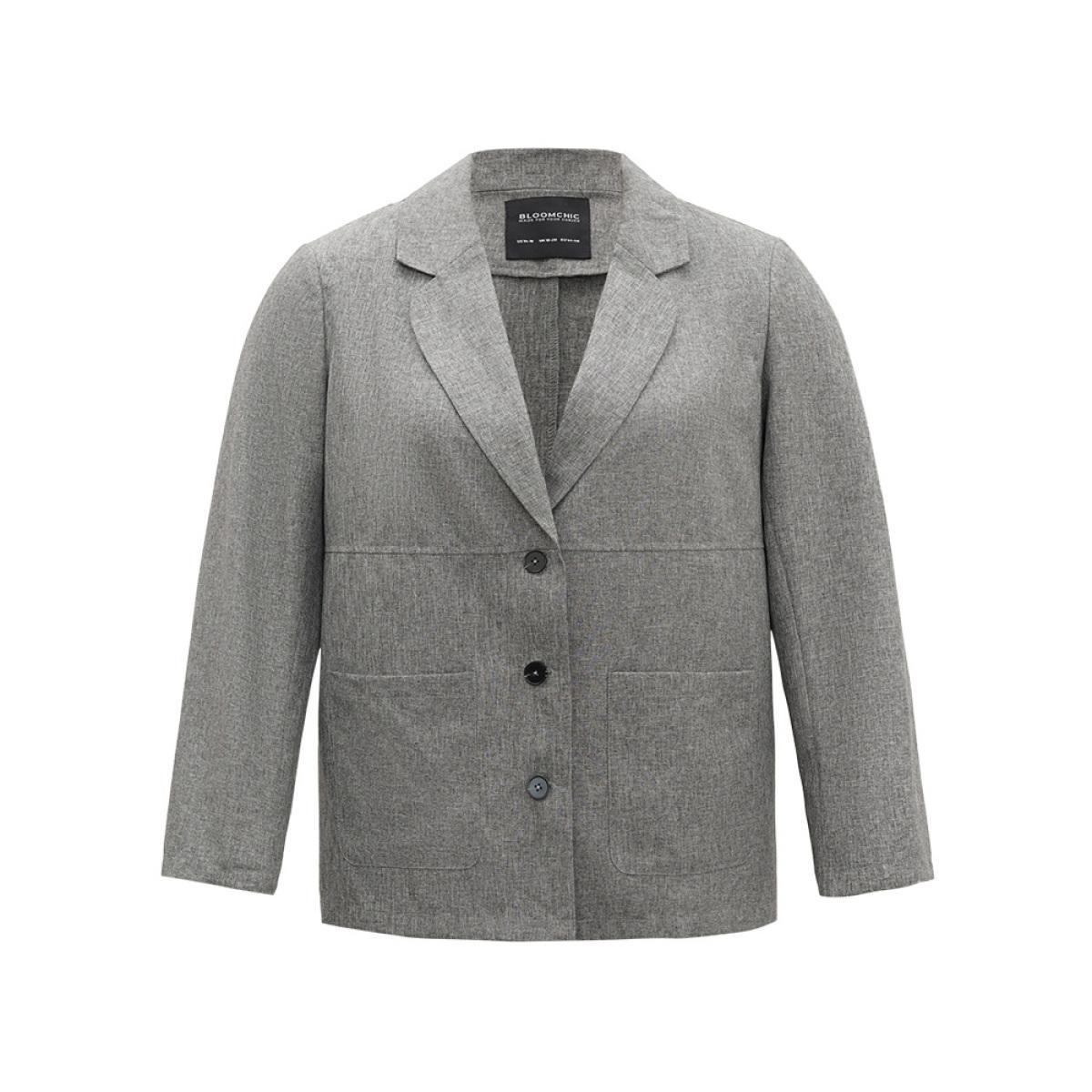 Plus Size Solid Suit Collar Patched Pocket Blazer DimGray Women Dailywear Plain Plain Sleeve Long Sleeve Suit Collar 10/M Pocket Casual Blazers BloomChic Product Image