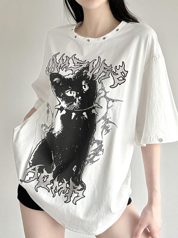 Dark Cat Print Perforated Round Neck Loose T-Shirt Product Image